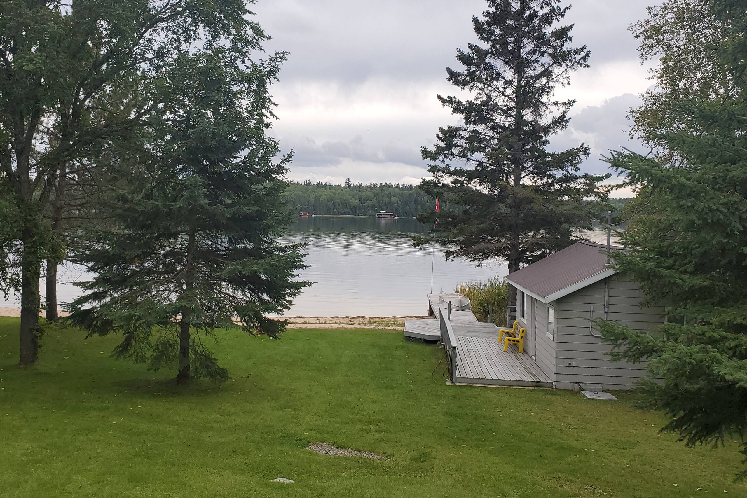 Grassy waterfront yard leading to the lake
